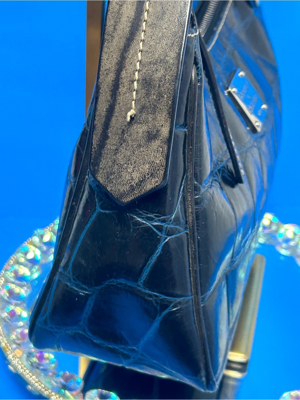 Dooney & Bourke Black w/Blue Croc-Embossed Accents Shoulder Bag Approx. 12x7x 4 - Picture 5 of 17